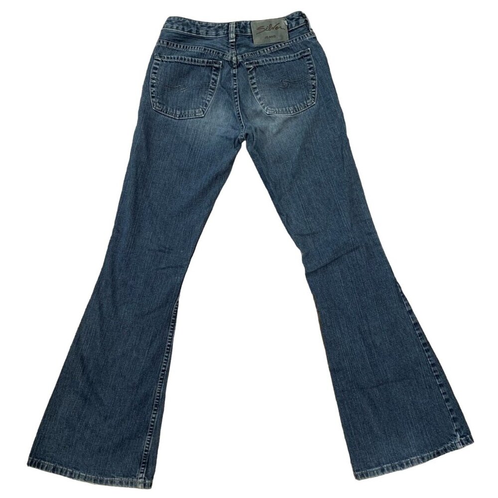 Silver Jeans Flare Pants Womens Size 25/31 Denim Button Fly Mid Rise Blue Cotton - Picture 2 of 15